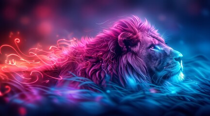 A colorful lion is laying in the water