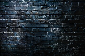 A brick wall with a dark blue color. The wall is old and has a rough texture. The wall is covered...