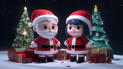 3d cute character santa boy and santa girl christmas concept.