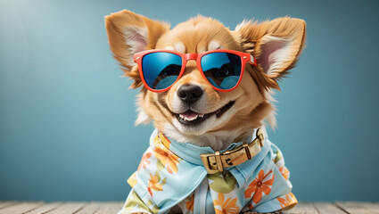 A small dog is wearing a straw hat, sunglasses, and a hawaiian shirt
