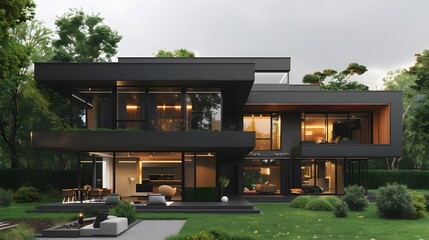 A modern house with black walls, wooden windows and doors, a large terrace on the first floor ,...