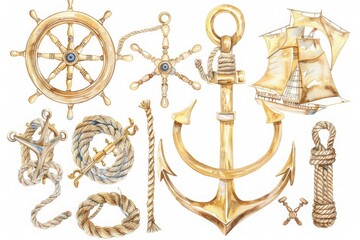 Gold nautical elements, rigging symbols, compass, anchor, steering-wheel, rope, knot, watercolor illustration, isolated on white background 
