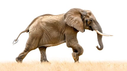 Obraz premium Majestic African Elephant in Motion Against a Clear Background. Wildlife Scene Captured in Natural Habitat. Ideal for Educational and Decorative Purposes. AI