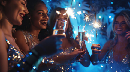 a group of beautiful women celebrating at the club with champagne and sparklers, they all have long...
