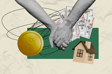 Creative collage picture human hands hold each other golden coin money house purchase new home...