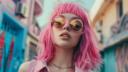 fashionable portrait of a girl pink hair close-up