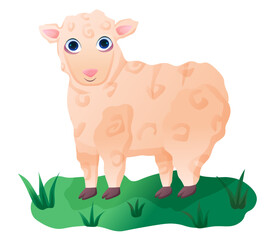 Cute sheep character with white wool standing on grass