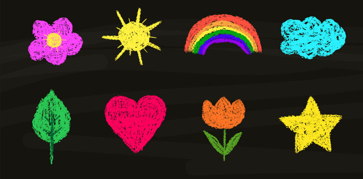 Set of childlike art with crayon texture drawing on blackboard