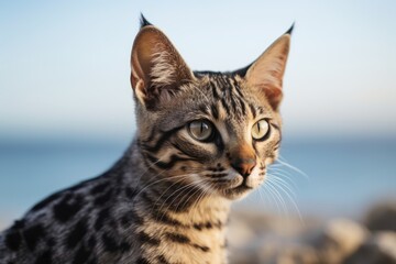 Obraz premium Close-up portrait photography of a funny savannah cat corner rubbing isolated in beach background