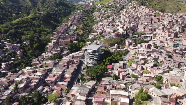 Aerial view of Medellin's Comuna 13 with the Metrocable, Colombia