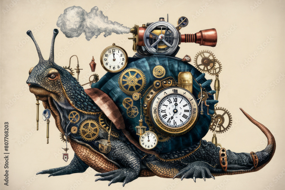 Poster Steampunk Lizard with Clockwork Mechanisms and Gears Against Neutral Background.