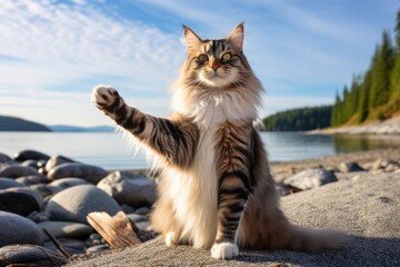 Medium shot portrait photography of a funny norwegian forest cat stretching a back while standing against beach background