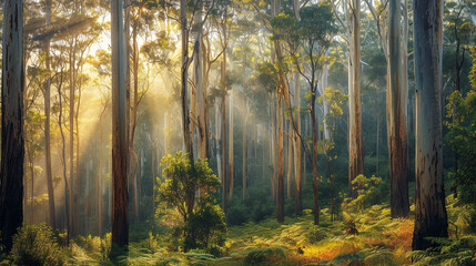 eucalyptus forest bathed in soft sunlight, with tall eucalyptus trees stretching towards the sky and casting dappled shadows on the forest floor, creating a tranquil and serene natural scene.