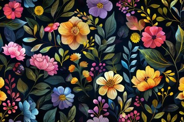 Fototapeta premium Seamless floral pattern, medieval background, watercolor hand painted illustration, colorful flowers and leaves isolated on black
