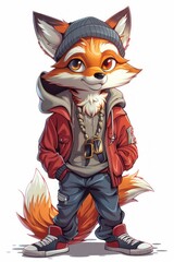 Obraz premium Stylish Cartoon Fox Character Dressed in Urban Streetwear with Trendy Accessories.