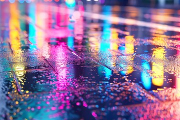 The image is a reflection of a city street with neon lights and rain