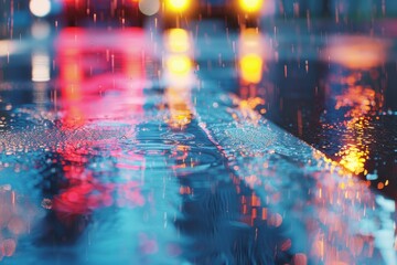 A blurry image of a wet street with reflections of cars and lights