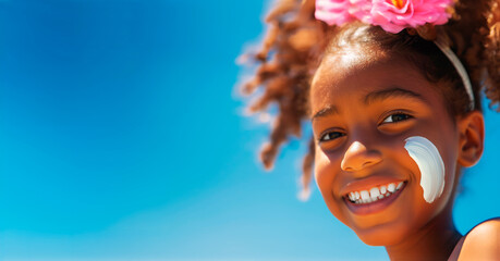 Young African American girl with sunscreen on her cheek on sunny beach day. Concept of child skincare, summer health, sun protection. Banner with copy space