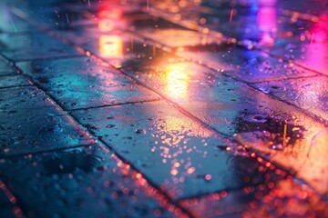 The image is a reflection of a city street with neon lights and rain