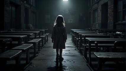 International Missing Children's Day, a little girl standing in a dark classroom, dark moody theme,...