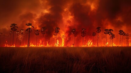 Fototapeta premium A field of dry grass is on fire, with palm trees in the background