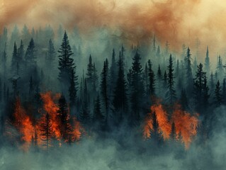 A forest fire is raging through a forest, with smoke