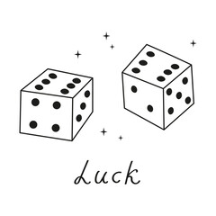 Dice gambling sketch with handwritten Luck vector template concept. Dices and stars hand drawn illustration on isolated background. Fortune, game casino gambling, lucky, victory, winner Design element