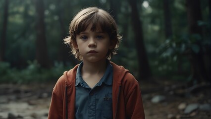 International Missing Children's Day, a sad little boy looking for a hope, peace and love, portrait of a boy in a forest