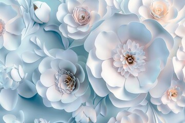 3d render, digital illustration, white paper flowers, floral background, bridal bouquet, wedding card, quilling, greeting card template