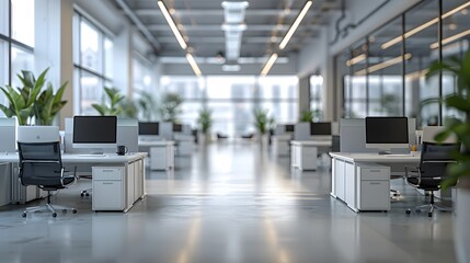 A modern office interior with white desks and chairs, featuring large windows that create an open space atmosphere. 