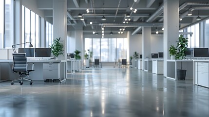 A modern office interior with white desks and chairs, featuring large windows that create an open space atmosphere. 