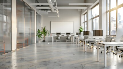 Obraz premium A modern office interior with white desks and chairs, featuring large windows that create an open space atmosphere. 