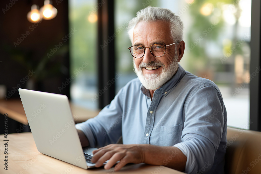 Poster portrait of happy elderly person browsing sms message modern netbook generative ai
