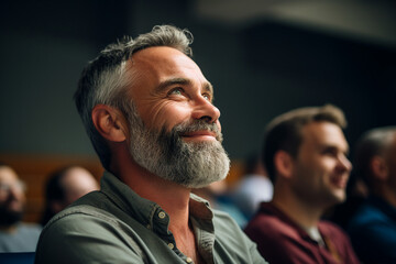 AI generative image of mature man manager going back to school for a training a pass a new degree