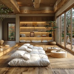 Japandi minimalist interior design of modern living room, home.against a fireplace,