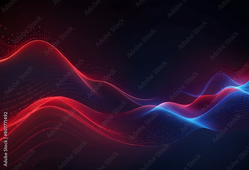 Poster digital cyberspace futuristic, red and blue color particles wave flowing with lines and dots connect