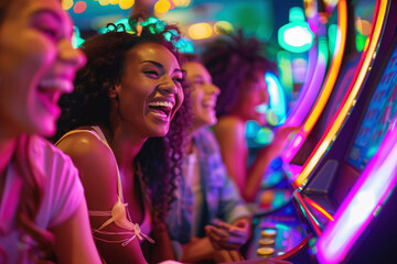 A group of delighted women engaged and having fun at colorful casino slot machines during a night out.