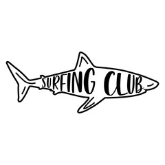 Logo club de surf. Texto Surfing Club con silueta de tiburón lineal