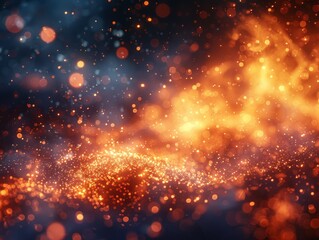 The image is a bright orange and blue background with a lot of sparkles