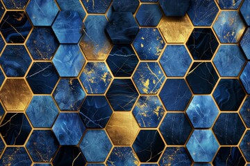 Abstract geometric background, hexagonal shapes. Modern marble mosaic inlay, art deco wallpaper. Geometrical fashion illustration. Blue gold black honeycomb with artificial stone texture