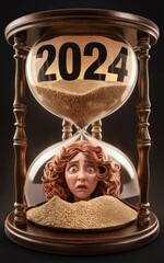 A whimsical illustration of a large hourglass with 2024 prominent on its upper half, which is filled with sand and a woman watching while the sands of time passes  - AI Generated Digital Art