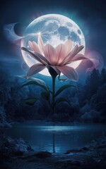 A digital artwork depicts a giant, luminous flower rising majestically in front of a full moon in a mystical night scene - AI Generated Digital Art