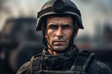 Fototapeta premium Generative ai photo of soldiers in combat gear against the background of military equipment