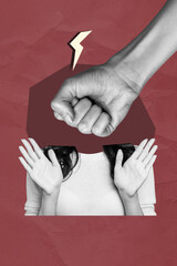 Composite photo collage of red color back black white silhouette headless incognito woman bully...