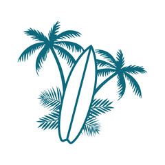 Logo club de surf. Silueta de tabla de surf lineal en paisaje tropical con la palma