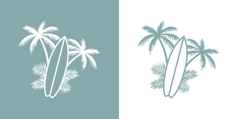 Logo club de surf. Silueta de tabla de surf lineal en paisaje tropical con la palma
