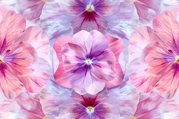 Seamless modern kaleidoscope pattern with pink pansy flowers 