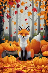 Obraz premium Autumnal Scene with Fox Surrounded by Pumpkins and Falling Leaves in a Forest.