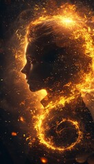 A woman's face is shown in a fiery, glowing light