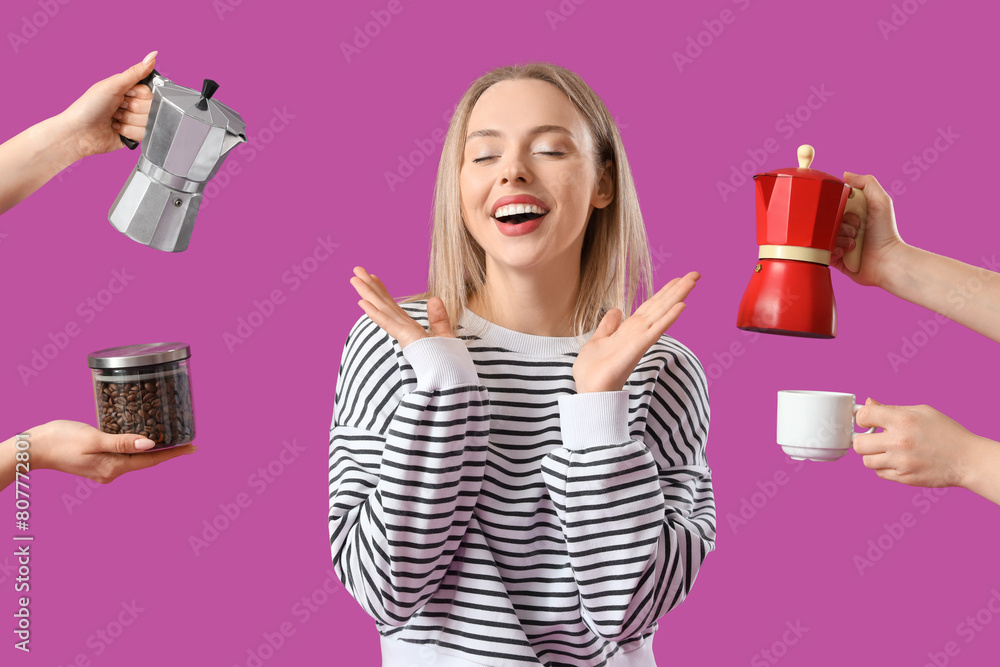 Poster Pretty young woman surrounded by many hands with geyser coffee makers, beans and cup on purple background